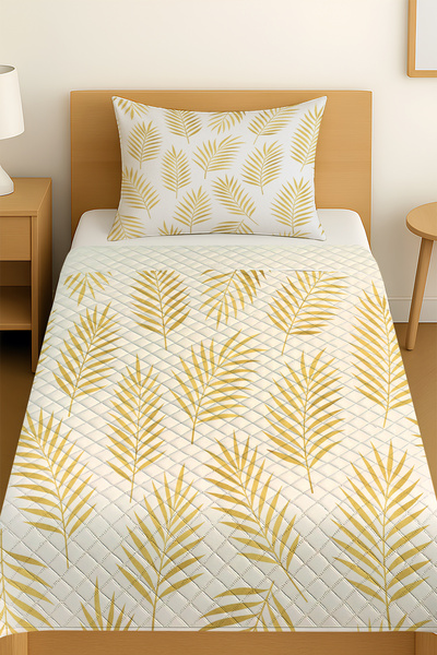 3D ELSE HALI Gold Palm Leaf Patterned Single Pique Set Bedspread