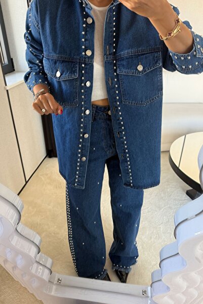 Özge Özgenç Staple Printed Denim Shirt Pants Set
