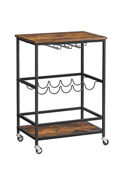 VASAGLE Cărucior de servire pe roți cu suporturi pentru sticle și pahare de v...