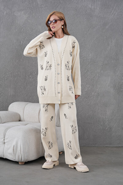 Miss Allos Women's Beaded Wide-Fit Knitwear Cardigan and Pants Bottom-Top Set