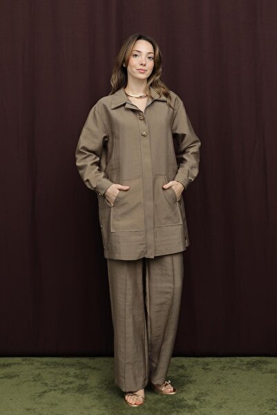 Puane بدلة نسائية بتفاصيل أزرار - 14380TKS - مينك