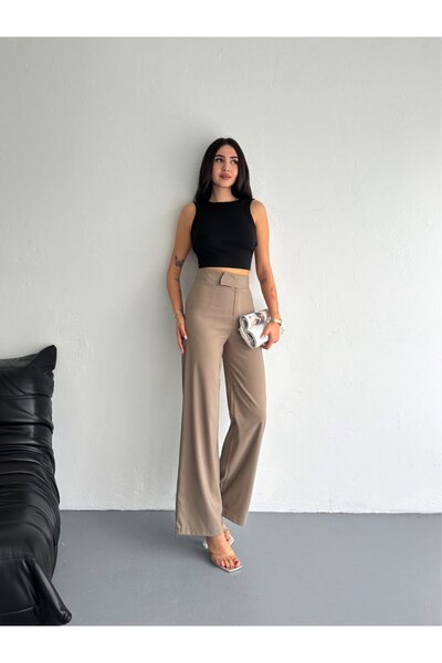 Gugus Women's Pocketless Woven Fabric Pants with Snap Buttons at the Waist, Loose Legs, Wide Leg Model