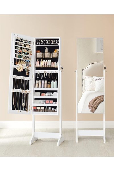 SONGMICS Oglindă de podea cu suport, design fără ramă, cu spațiu de depozitare, 41x37x152cm, albă