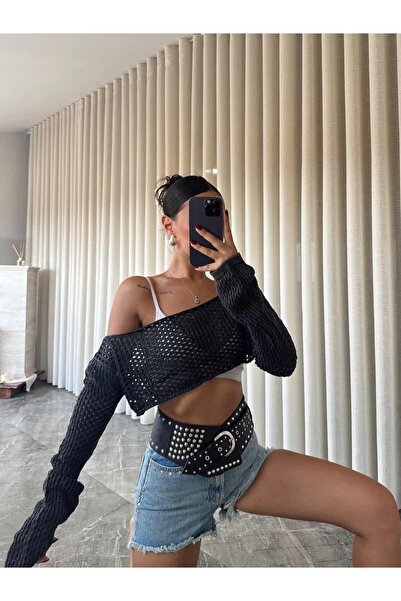 mydukkan.co Дівчача трикотажна кофта з ажурним візерунком, чорна