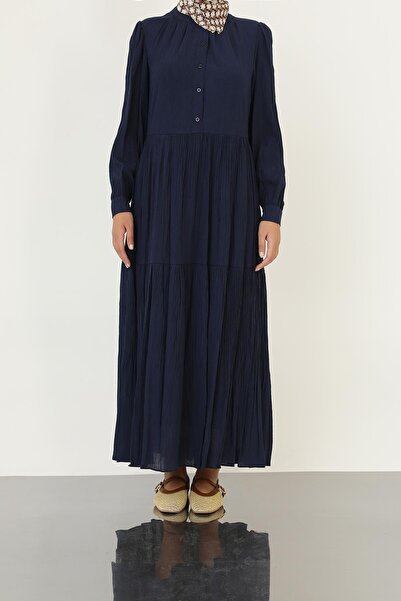 Puane Kadın Düğmeli Dokulu Maxi Elbise -12625ELB - Lacivert