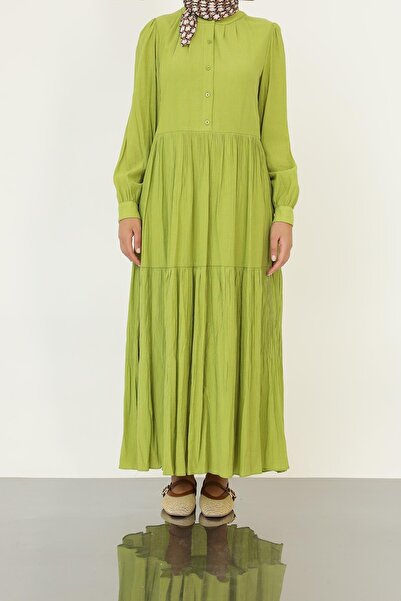 Puane Дамска макси рокля с копчета и текстура -12625ELB - маслинено зелено