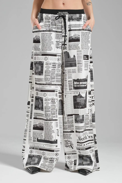 its basic tw3 Kadın Gazete Baskılı Beli Lastikli Tasarım Pantolon