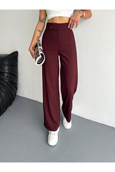 Gugus Women's Pocketless Woven Fabric Pants with Snap Buttons at the Waist, Loose Legs, Wide Leg Model