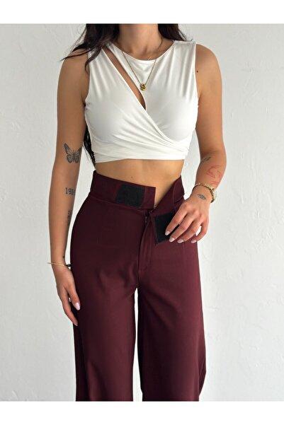 Gugus Women's Pocketless Woven Fabric Pants with Snap Buttons at the Waist, Loose Legs, Wide Leg Model