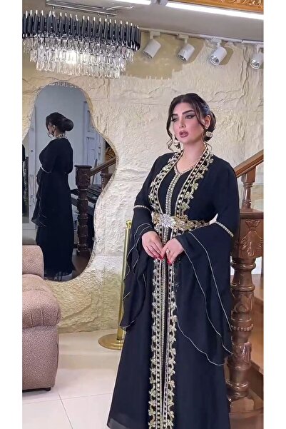 ZENABİYEM Zena Fashion Altı Elbise Üstü Abaya Boncuk İşlemeli Kemerli Kaftan
