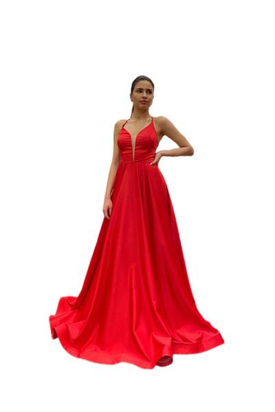 ziibutik KIRMIZI UZUN SATEN ABİYE