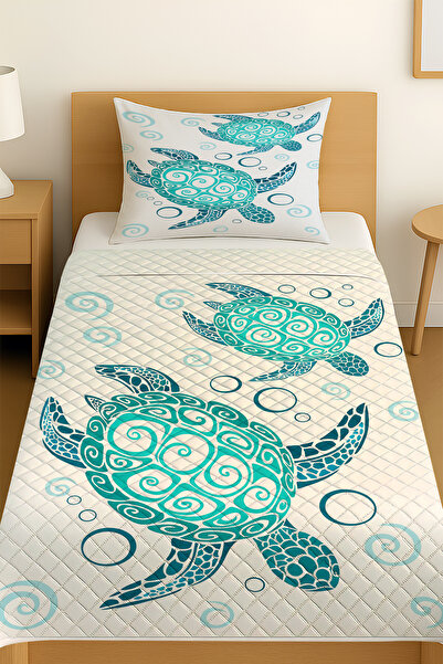3D ELSE HALI Turquoise Caretta Turtle Patterned Single Pique Set Bedspread