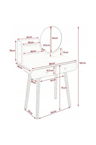 SERSIMO Masă de toaletă și machiaj Ravena, fag alb, cu 2 sertare, oglindă, 80x40x122 cm