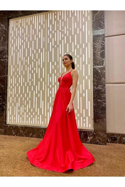 ziibutik KIRMIZI UZUN SATEN ABİYE