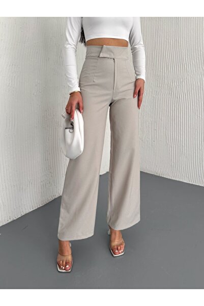 Gugus Women's Pocketless Woven Fabric Pants with Snap Buttons at the Waist, Loose Legs, Wide Leg Model