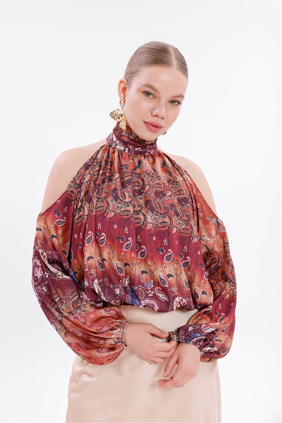 Moda Palmiss بلوزة نسائية من الشيفون بتصميم عرقي وياقة هالتر مكشوفة الكتفين