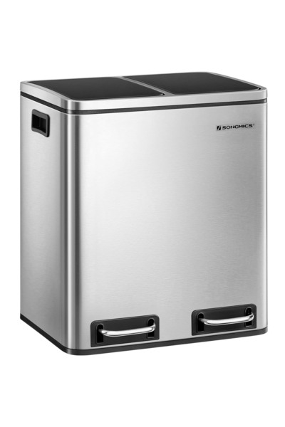 SONGMICS Stainless steel waste bin with 2 selective collection compartments, 2x15 liters, silver and black