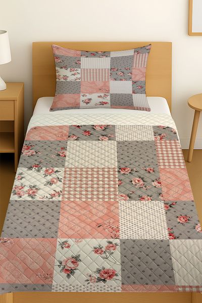 3D ELSE HALI Gray Pink Retro Floral Pattern Single Pique Set Bedspread