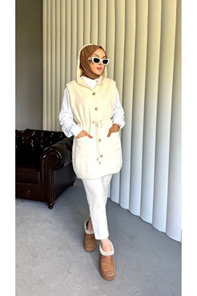 Molly Nelly Women's Feather Midi Length Hooded Hijab Vest Cardigan