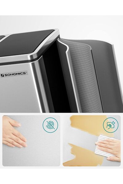 SONGMICS Stainless steel waste bin with 3 compartments for selective collection, silver