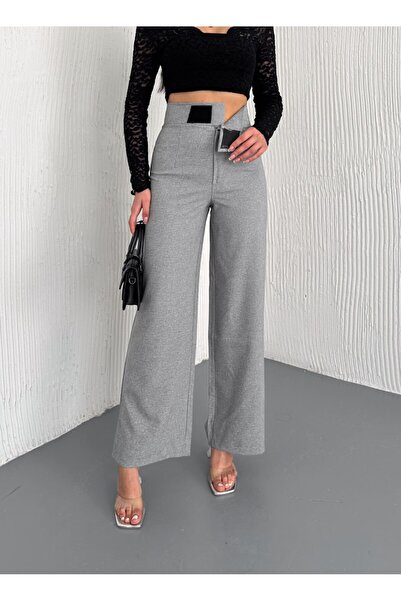 Gugus Women's Pocketless Woven Fabric Pants with Snap Buttons at the Waist, Loose Legs, Wide Leg Model