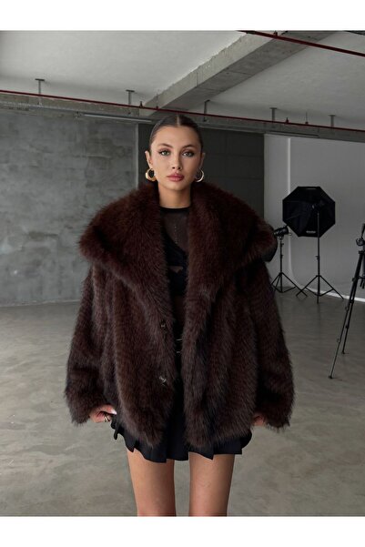 Miss Beyoğlu Deni Lüks Görünümlü Kahverengi Oversize Kürk Mont – Şık ve Sıcak Kışlık Dış Giyim