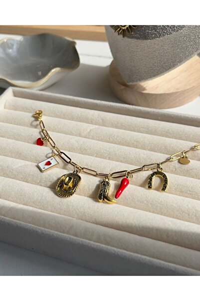 Mojo Jewellery Çelik Üzeri Altın Kaplama Çoklu Charm Bohem Kolye