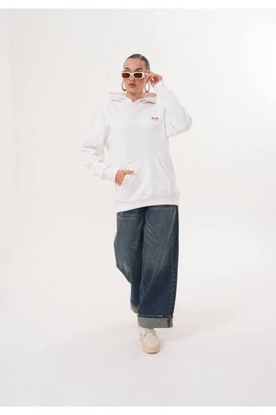 369 etnik butik Minimal Bow Embroidered Hooded Oversize Sweatshirt