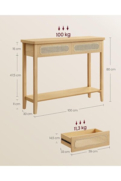 VASAGLE Hallway Console 100x30x80 cm, 2 drawers, open shelf, MDF and PVC rattan, oak beige