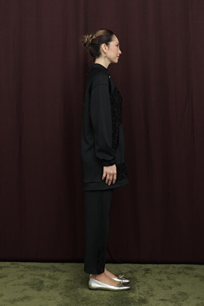 Puane Women's Lace Detailed High Neck Zipper Suit - 14387Tks - Black