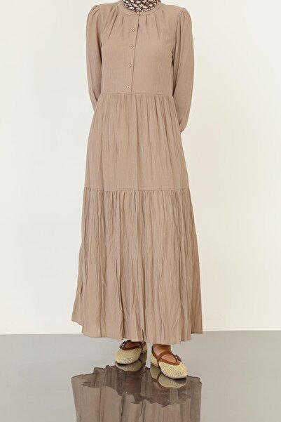 Puane Kadın Düğmeli Dokulu Maxi Elbise -12625ELB - Vizon