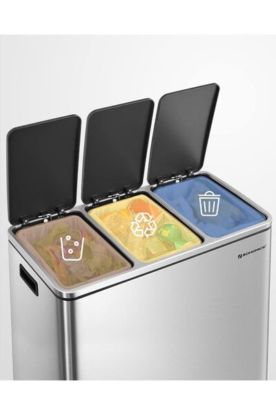 SONGMICS Stainless steel waste bin with 3 compartments for selective collection, silver