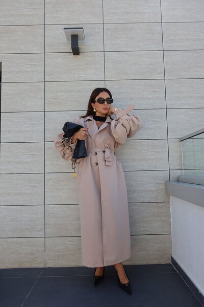 Özge Özgenç Balloon Sleeve Double Breasted Collar Long Trench Coat
