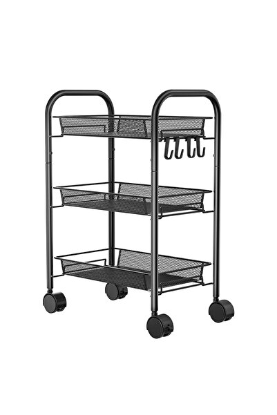 SERSIMO Cărucior mobil metalic pentru bucătărie, 3 rafturi și 4 umerașe, negr...