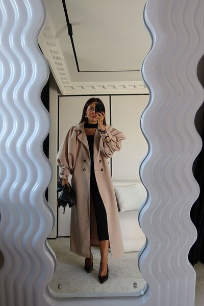 Özge Özgenç Balloon Sleeve Double Breasted Collar Long Trench Coat
