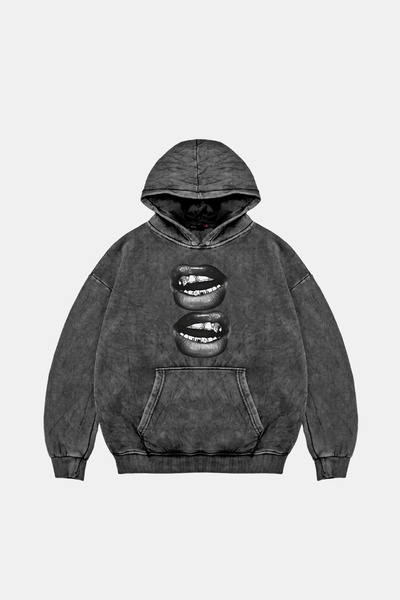 Sekizbiraltı Μαύρο φούτερ με κουκούλα με στάμπα Lip Teeths, Oversize, Unisex,...