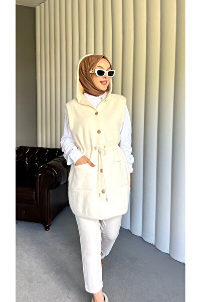 Molly Nelly Women's Feather Midi Length Hooded Hijab Vest Cardigan