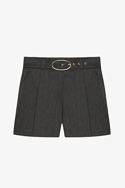 Quzu Buckle Belted Pleated Mini Shorts Anthracite