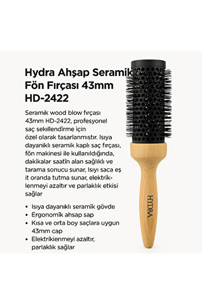 Hydra Ahşap Saplı Seramik Fön Fırçası 43mm HD-2422 – Profesyonel Saç Şekillendirme Fırçası