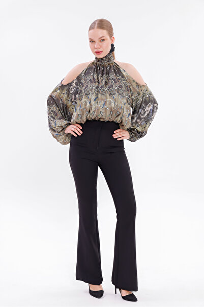 Moda Palmiss Women's Ethnic Patterned Off-Shoulder Halter Neck Chiffon Blouse