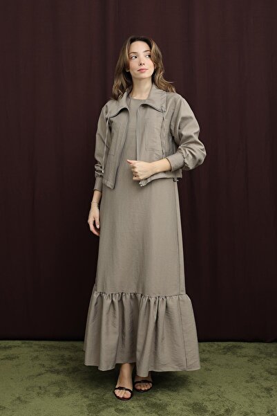 Puane Kadın Crop Ceket Detaylı İkili Elbise - 12651TKS - MINK