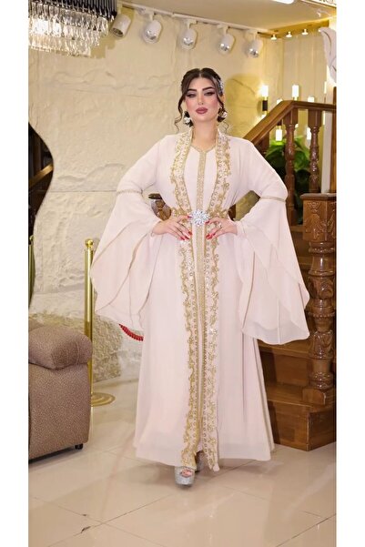 ZENABİYEM Zena Fashion Six Dress over Abaya Beaded Embroidered Belted Kaftan