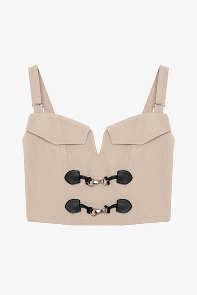 Quzu Strappy Bustier Blouse with Buckle Accessories Beige