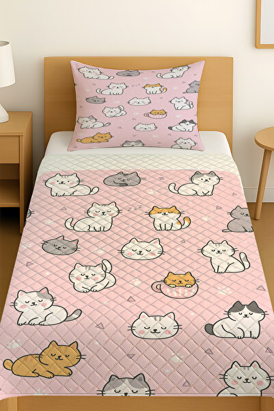 3D ELSE HALI Pink Cute Cats Patterned Single Pique Set Bedspread