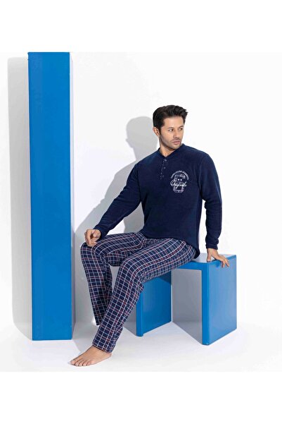 Tarık Ανδρικό σετ χειμωνιάτικων ζεστών πιτζάμες με μακρυμάνικο ύφασμα φλις με καρό και τετράγωνο σχέδιο σε μπλε ναυτικό χρώμα