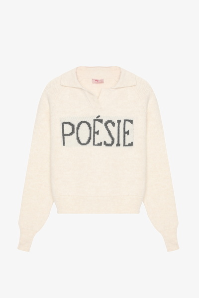Quzu Text Patterned Polo Neck Knitwear Sweater Ecru