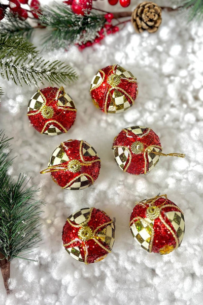 CANVELA 6 Pieces Premium Christmas Pine Tree Ornaments 6 cm Plaid Pattern Christmas Ball