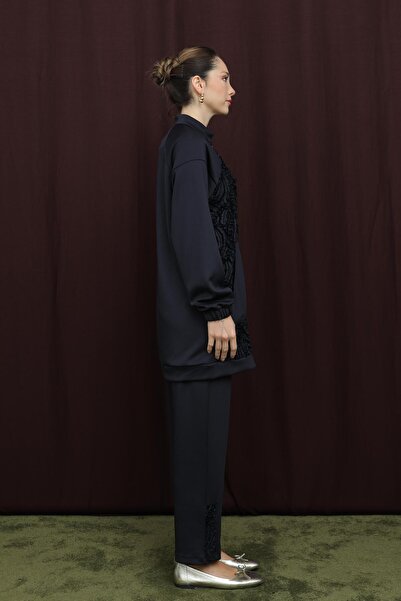 Puane Women's Lace Detailed High Neck Zipper Suit - 14387Tks - Navy Blue