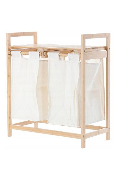 SERSIMO Bamboo laundry basket with wooden top, 2 canvas baskets, 64x73x33cm,