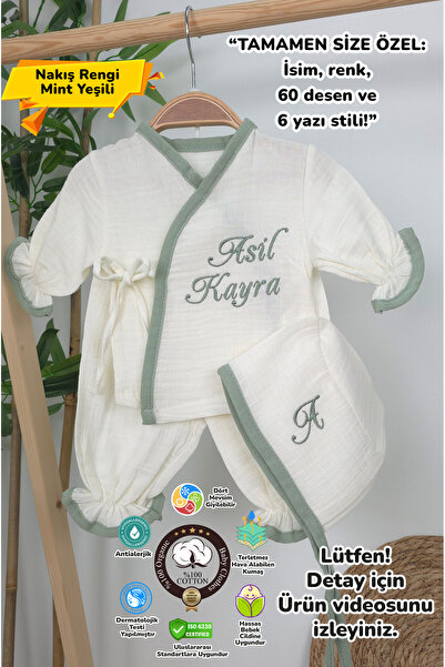 gros shop Müslin Yeni Doğan 4Katlı Organik %100Pamuk Kişiye Özgü Nakışlı Hast...